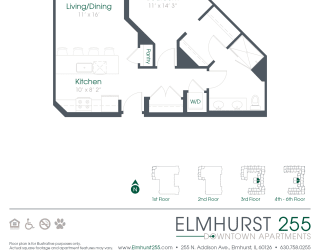 1 bed 1 bath a floor plan for a unit with a bedroom and a bathroom  at Elmhurst 255, Elmhurst, IL, 60126