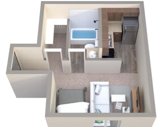 a 3d drawing of a bedroom with a bathroom and a living room