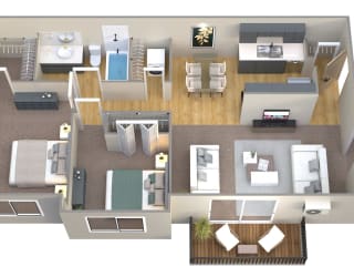 a 3d drawing of a floor plan with bedrooms and a living room