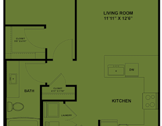 A floor plan of a house with a patio, bedroom, living room, kitchen, bath, and laundry area.
