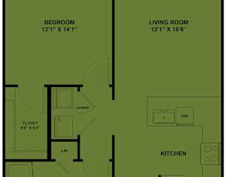 A floor plan of a small apartment with a bedroom, living room, kitchen, bathroom, and laundry area.