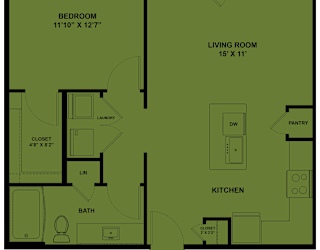 A floor plan of a house with a bedroom, living room, kitchen, and bathroom.