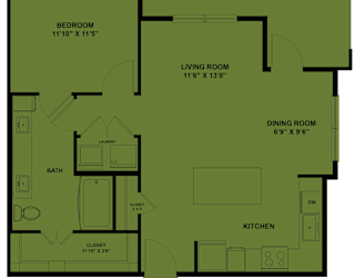 A floor plan of a house with a patio, bedroom, living room, dining room, kitchen, bath, and closet.