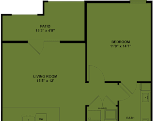 A floor plan of a house with a kitchen, living room, bedroom, bathroom, and laundry room.