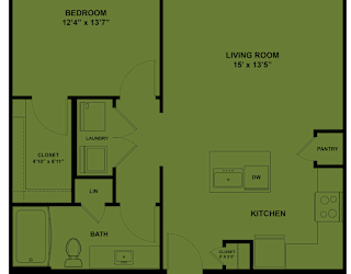 A floor plan of a house with a bedroom, living room, kitchen, bath, and closet.