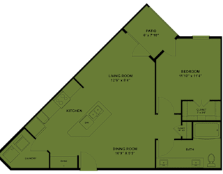 A floor plan of a house with a kitchen, living room, dining room, bedroom, bathroom, and laundry area.