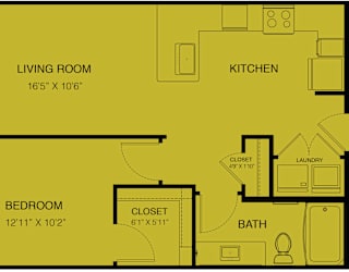 A floor plan of a house with a living room, kitchen, bedroom, bathroom, and laundry room.