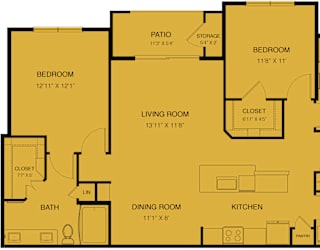 A yellow floor plan of a house with a living room, two bedrooms, a dining room, a kitchen, a pantry, two bathrooms, and a laundry area.