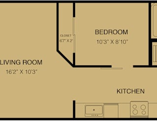A floor plan of a small apartment with a living room, kitchen, bedroom, bathroom, and patio.