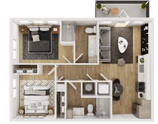 A top-down view of a small, neatly organized apartment.