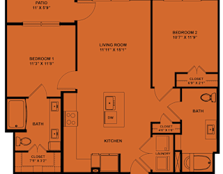 A floor plan of a house with a patio, two bedrooms, a living room, a kitchen, a bath, and a laundry area.