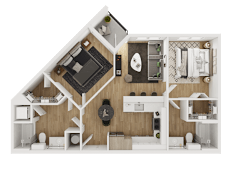 A top-down view of a house layout with a kitchen, living room, and bedrooms.