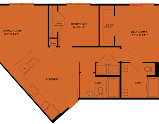 A floor plan of a house with a living room, kitchen, and two bedrooms.