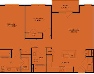 A floor plan of a house with a living room, kitchen, two bedrooms, a bath, and a patio.