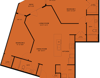 A floor plan of a house with a living room, two bedrooms, a dining room, kitchen, bathroom, and closet.