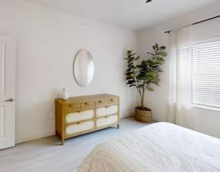 A white bedroom with a bed, dresser, mirror, and plant.
