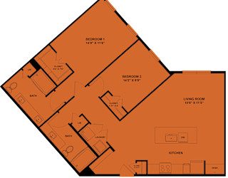 A floor plan of a house with two bedrooms, a living room, a kitchen, and two bathrooms.