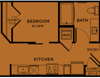 E1 80% MFI affordable studio / efficiency apartment floorplan at Bridge at Paloma