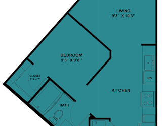 A floor plan of a small apartment with a living room, bedroom, kitchen, bathroom, and laundry area.