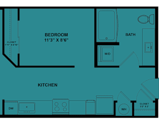 A blueprint of a house layout with a bedroom, living room, kitchen, bathroom, and patio.