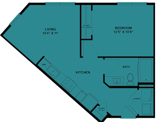 A floor plan of a small apartment with a living room, bedroom, kitchen, bathroom, and laundry area.