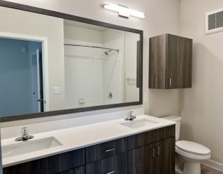 a bathroom with a toilet sink and mirror
