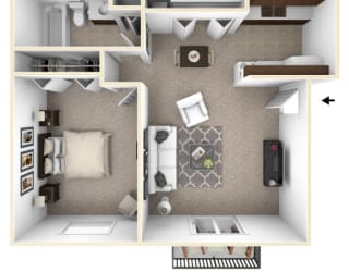 1 Bedroom 1 Bath Floor Plan at Rivers Edge Apartments, Michigan, 48327