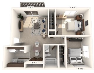 The Pinto Floor Plan with 2 Bedrooms and 2 Bathrooms at Polo Run Apartments. This Floor Plan Features a Galley Style Kitchen and Dark Interior Doors at Polo Run Apartments, Indiana, 46142