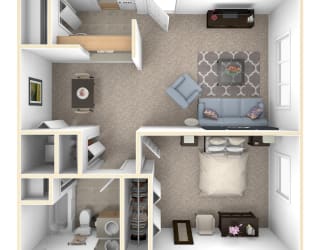 1 Bed 1 Bath Alpine One Bedroom Floor Plan at Old Monterey Apartments, Springfield, MO, 65807