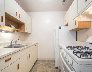 a kitchen with a stove and a sink and a refrigerator at Apple Ridge Apartments, Michigan, 49534