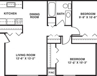 Two bedroom deluxe floor plan at Apple Ridge Apartments in Walker, MI