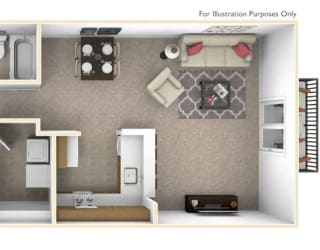 this is a photo of the floor plan of the 882 square foot 1 bedroom apartment atat The Harbours Apartments, Michigan