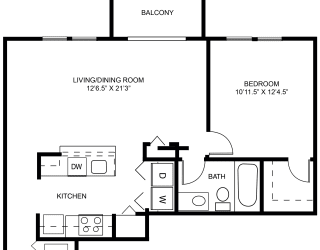 Bellflower one bedroom 2D floor plan at Meadowbrooke Apartment Homes in Grand Rapids, MI 49512