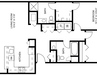 Cascade two bedroom 2D floor plan at Meadowbrooke Apartment Homes in Grand Rapids, MI 49512