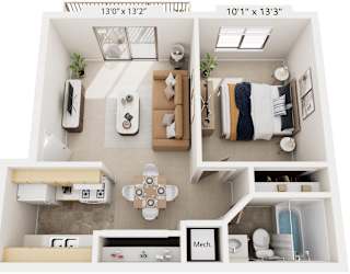 One Bedroom One Bath 3D Floor Plan at Concord Place Apartments, Kalamazoo, 49009