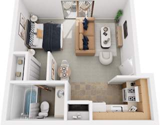 Studio Apartment 3D Floor Plan at Concord Place Apartments, Kalamazoo, MI