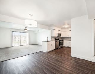 Living room and kitchen at The Crossings Apartments, Grand Rapids, Michigan