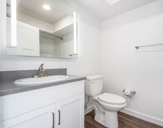 main bathroom with a lighted mirror at The Crossings Apartments, Michigan, 49508