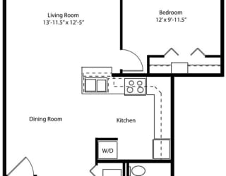 Two bedroom one bath renovated 2D floor plan at The Crossings Apartments in Grand Rapids, MI