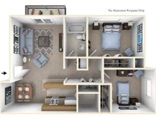 2-Bed/1-Bath, Daffodil Floor Plan at Windemere Apartments, Farmington Hills, MI