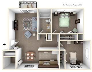 A 3D floor plan of a small apartment with a kitchen, living room, and bedroom.