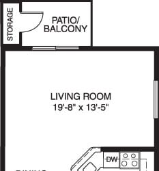 One bedroom end floor plan at Dupont Lakes Apartments in Fort Wayne, IN