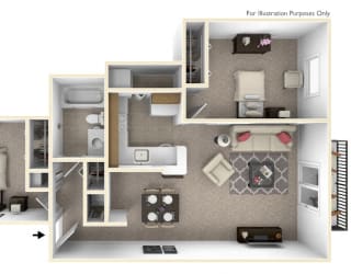 2-Bed/1-Bath, Gardenia Floor Plan at The Harbours Apartments, Clinton Twp