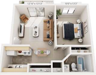 One Bedroom One Bath 3D Floorplan at Glen Oaks Apartments, Michigan