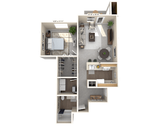 A 3D floor plan of a house with a kitchen, living room, and bedrooms.
