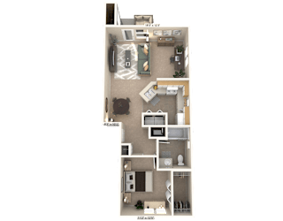 A floor plan of a two-bedroom apartment with a living room, kitchen, and bathroom.