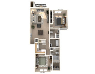 A floor plan of a house with a living room, kitchen, dining room, and two bedrooms.