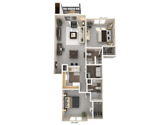A 3D floor plan of an apartment with a living room, kitchen, dining room, and bedrooms.