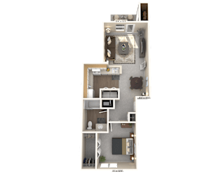 A 3D floor plan of a house with a kitchen, living room, and bathroom.