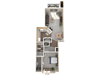 A floor plan of a two-story apartment with a living room, kitchen, and bedrooms.